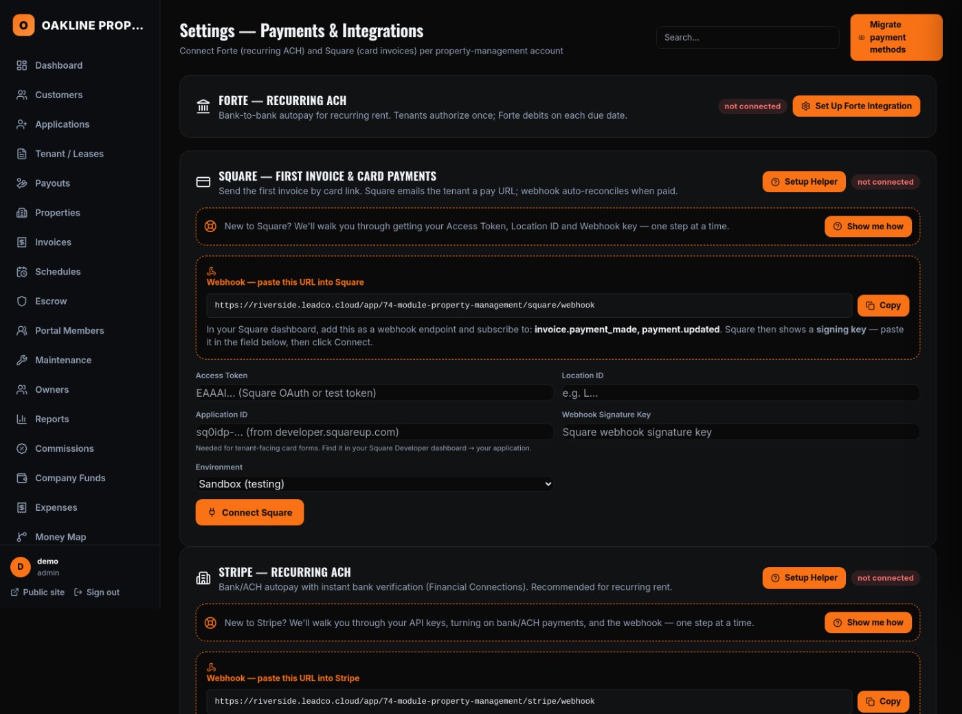 Payments and autopay setup screen with ACH and card processors connected