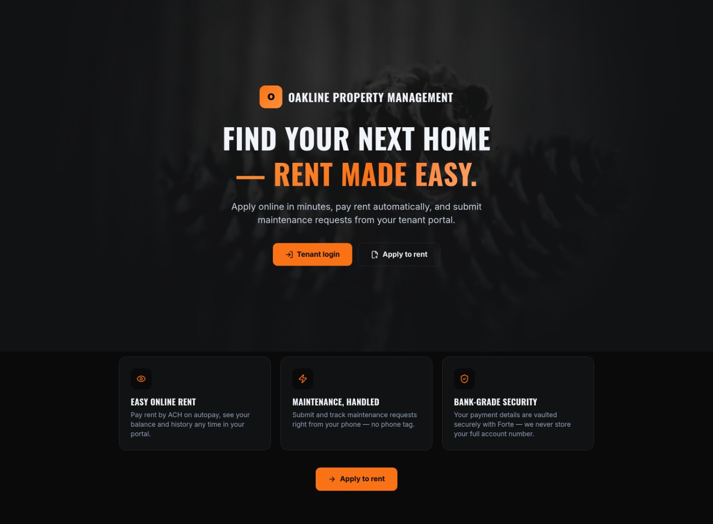 Resident portal with tenant login and cards for online rent, autopay, and maintenance requests