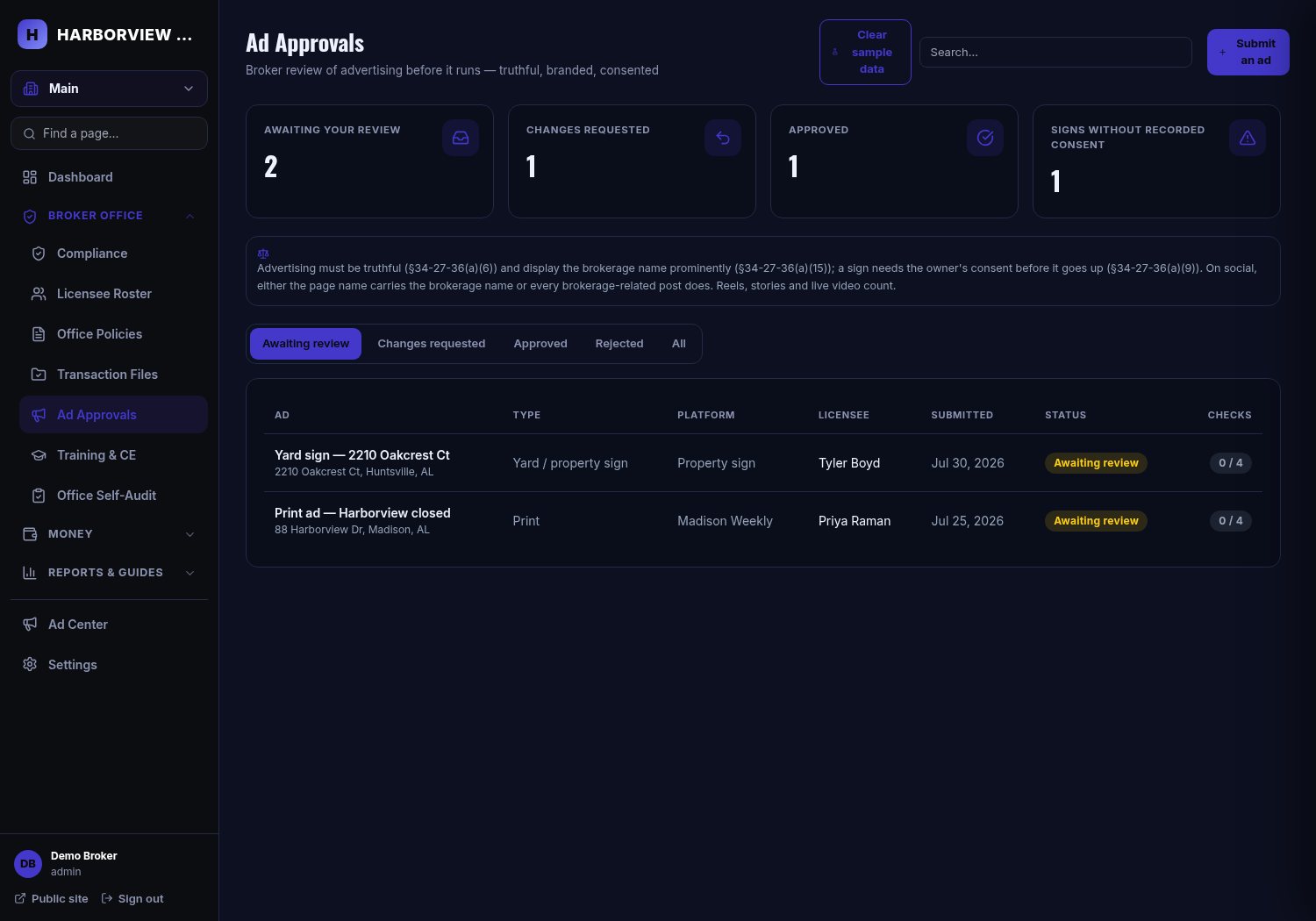 Advertising approval queue with submitted ads, compliance checkboxes and approval decisions