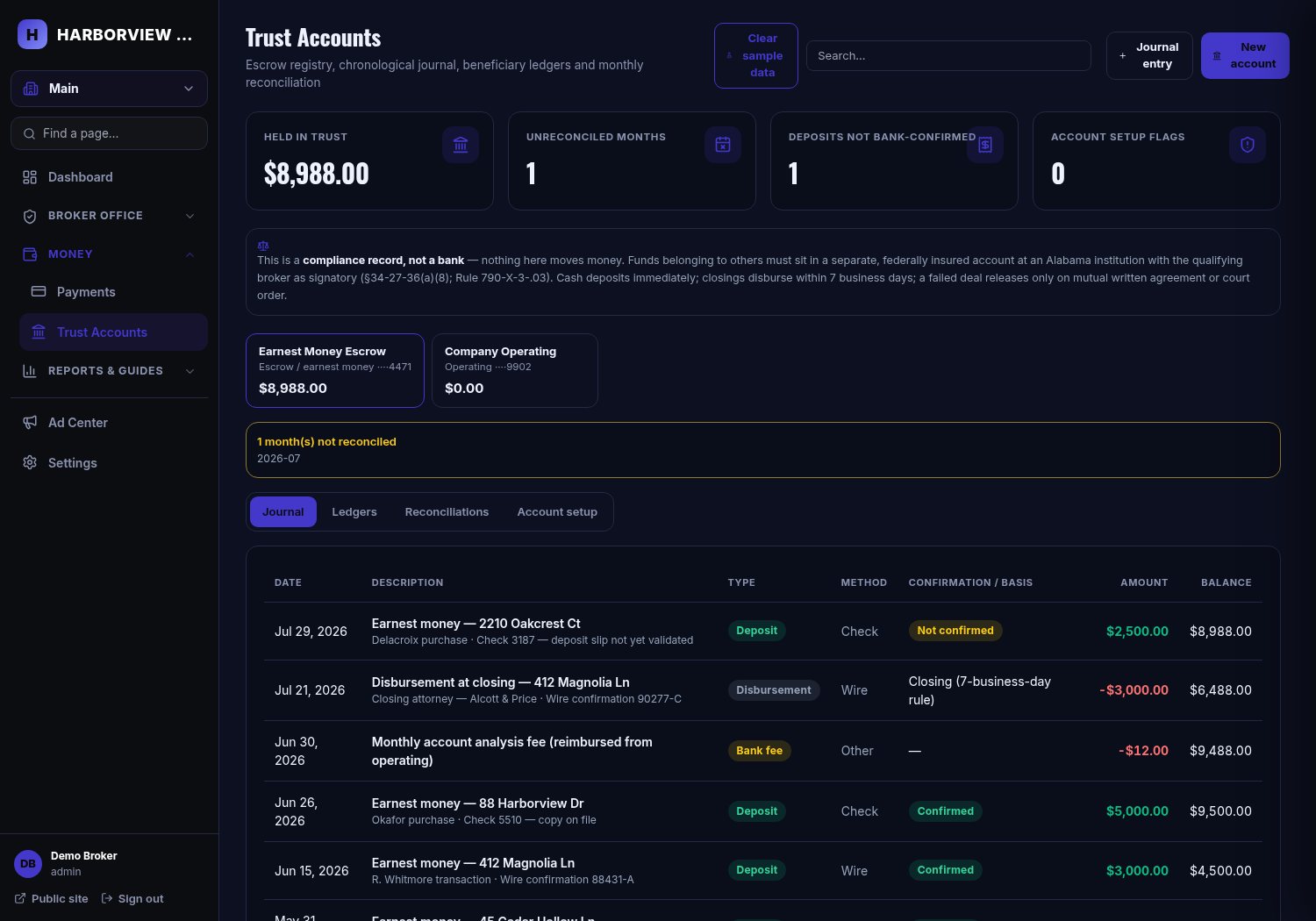 Trust account screen showing the journal of deposits and disbursements with monthly reconciliation status