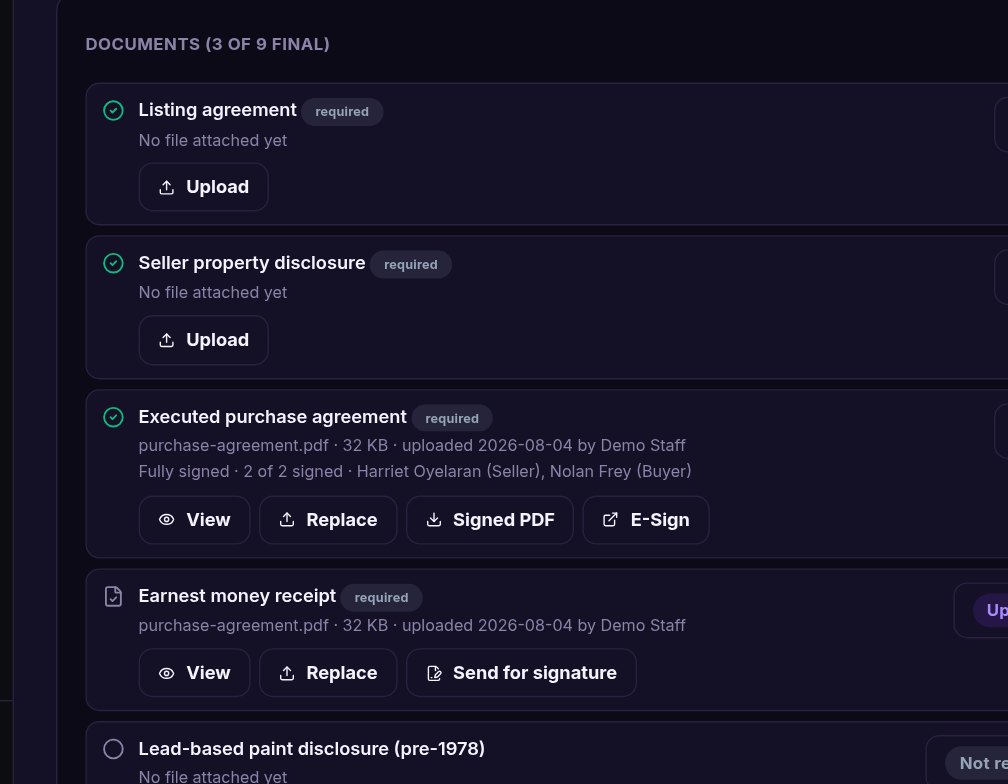 The document checklist inside a deal room: listing agreement and disclosure marked final, the executed purchase agreement fully signed with View, Replace and Signed PDF buttons, and an uploaded earnest money receipt