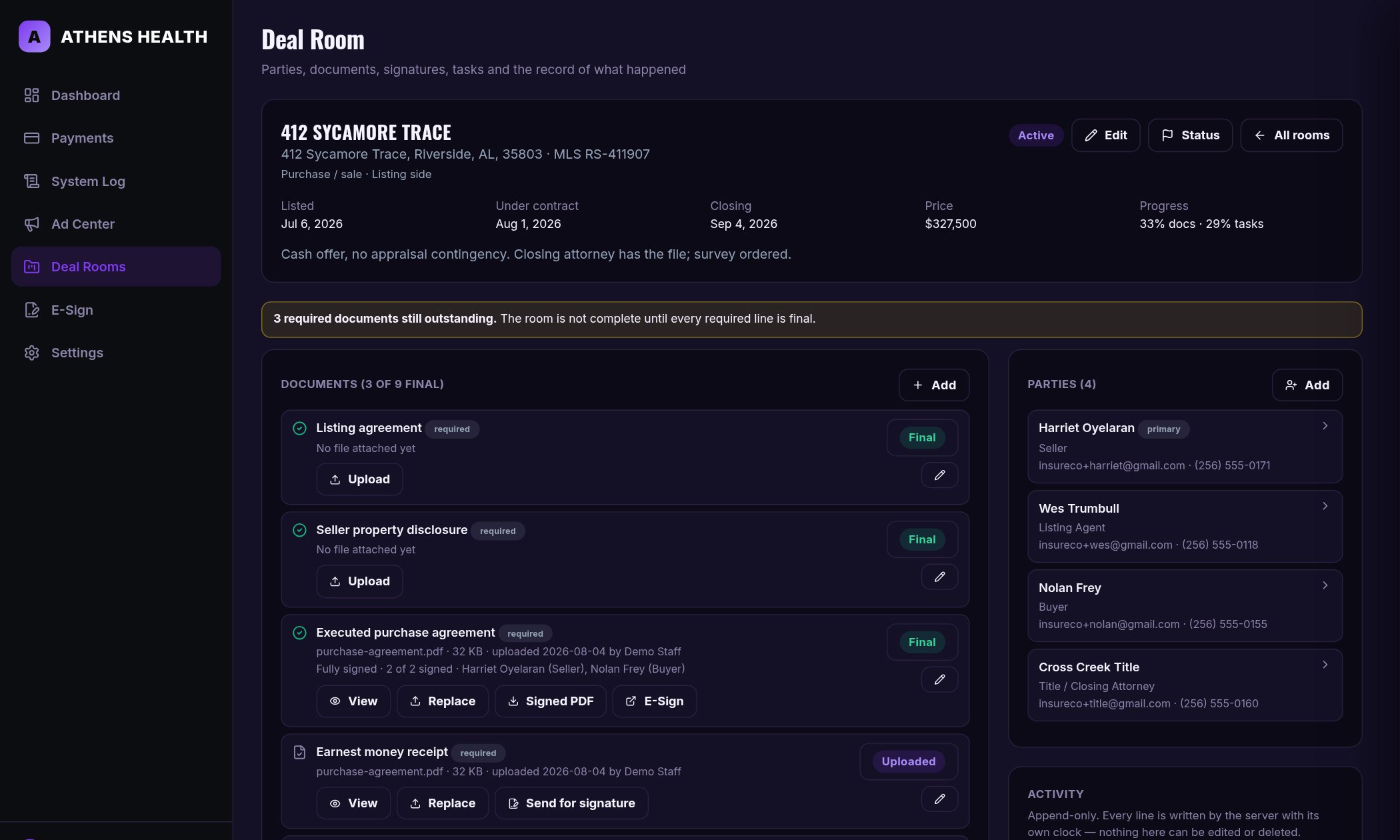 A deal room showing the property header with key dates, the document checklist with a fully signed contract marked final, the party roster by role, and the append-only activity feed